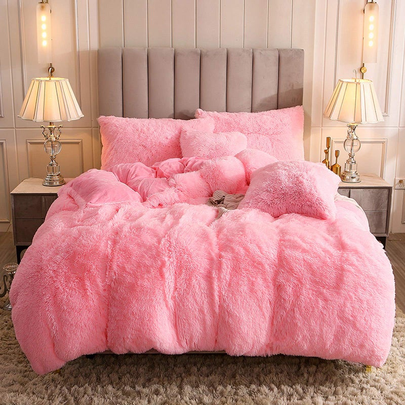 Uhamho Faux Fur Velvet Fluffy Bedding Duvet Cover Set Down Comforter Quilt Cover with Pillow Shams, Ultra Soft Warm (Pink, Queen) - Image 1
